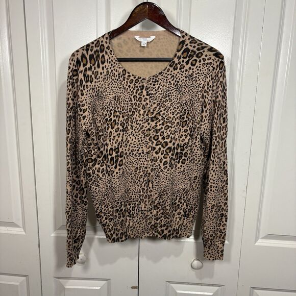 Time and Tru Womens L Leopard Animal Print Sweater Tan Brown Knit Boho Fall Cozy - Picture 1 of 7